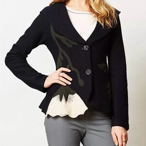 Anthropology Stylish Navy Blue Button-Up Jacket with Floral Design